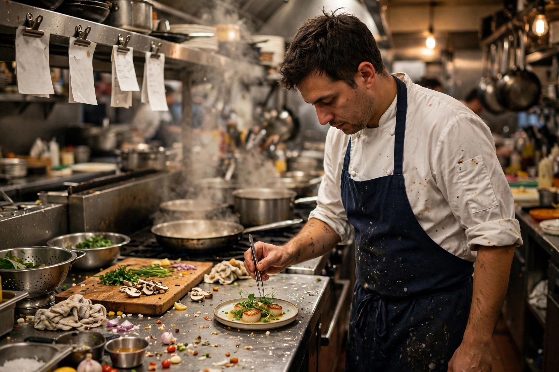 A chef plating a dish in a busy working kitchen during prep